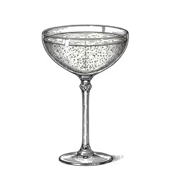 high-contrast black and white vintage etching illustration of a crystal champagne coupe, showing intricate effervescence and cross-hatching details on a transparent background. Timeless luxury concept