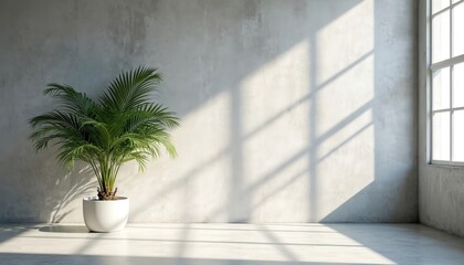 Potted palm stands in room with concrete wall. Light casts shadows through window onto floor. Simple plant in white pot against clean, modern backdrop offers calming minimalist interior.