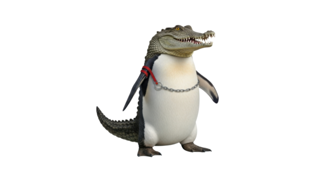 Humorous hybrid creature with crocodile head and penguin body isolated PNG with Transparent Background