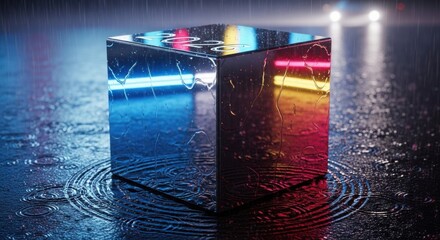 Vibrant glowing cube reflects city lights and rain