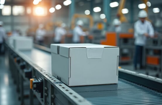 White box moves on automated conveyor belt inside modern factory. Blurred workers in background handle production. Clean packaging line for goods distribution. High tech manufacturing process. - Powered by Adobe