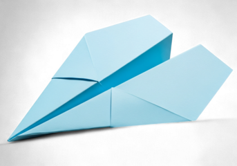 Light blue paper airplane soars with imagination, a symbol of dreams and childhood adventure, ready for take off and inspiring creative journeys, perfect for educational projects