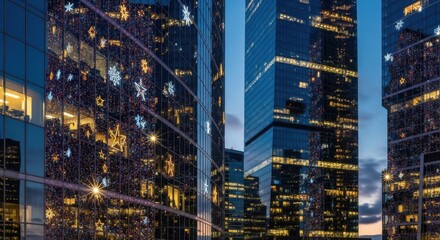 Stunning city skyscrapers shine with festive holiday lights at twilight, creating a vibrant urban winter wonderland atmosphere for business and lifestyle uses