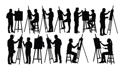 Artists painting at easels silhouettes isolated on white background, Vector