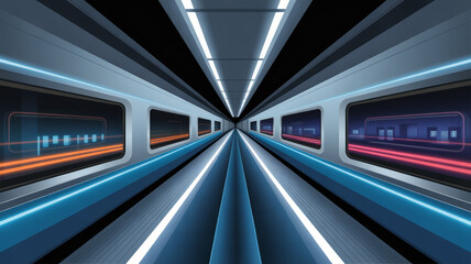Futuristic train interior with light trails in the window, perspective view