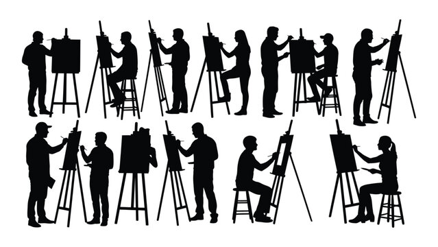 Artists painting at easels silhouettes isolated on white background, Vector