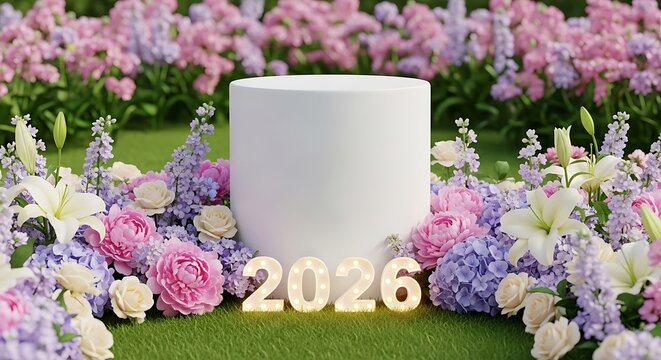 A blank white cylindrical podium stands in a lush garden setting surrounded by vibrant pink and purple flowers with illuminated numbers spelling out 2026 in front of it