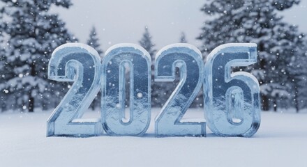 Celebrate 2026 New Year with stunning ice sculpture in snowy winter wonderland, perfect for holiday greetings and festive promotions