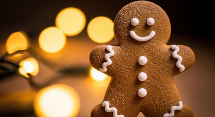 Delicious gingerbread man cookie with festive lights for a cozy Christmas treat, perfect for holiday baking promotions and seasonal campaigns