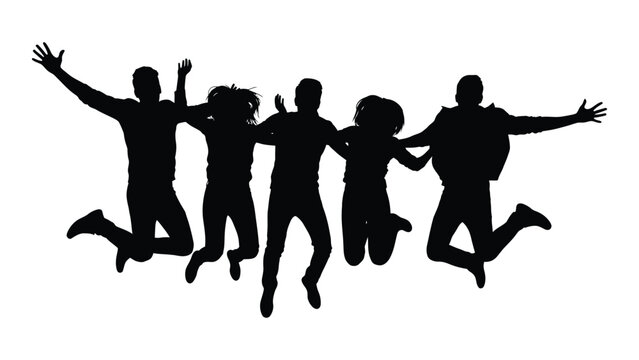 Group of joyful people jumping silhouette isolated on white background, Vector