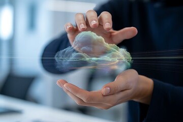 Hands interacting with a glowing holographic cloud interface representing digital data and advanced technology concepts