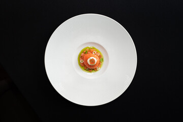 Elegant culinary presentation of a delicious dish on a white plate. The dish is centered on the plate against a contrasting dark background, which highlights the food's visual appeal