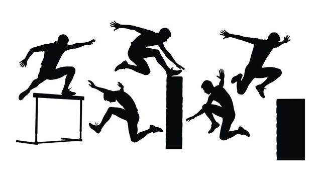 Dynamic parkour and obstacle jumping silhouettes isolated on white background, Vector