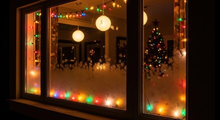 Festive Christmas tree glows warmly behind a frosty window pane adorned with colorful lights, spreading holiday cheer and cozy winter vibes