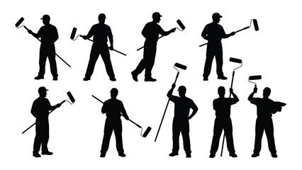 Obraz premium Painter silhouettes with paint rollers isolated on white background, Vector