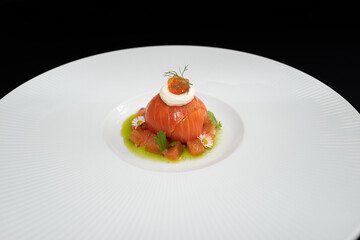 A gourmet salmon dish exquisitely presented on a white plate, showcasing culinary artistry