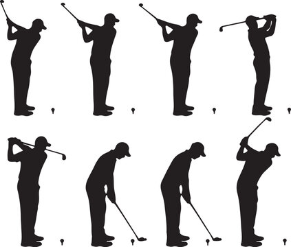 Golf Swing Sequence Silhouettes Showing Backswing Downswing and Follow Through golfer on transparent background