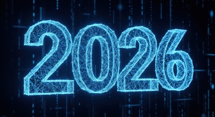 Futuristic 2026 concept with glowing blue digital network, perfect for technology presentations and new year promotions, conveying innovation and progress