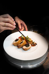 A chef meticulously garnishing a beautifully plated gourmet meal, ready to be served. The dish features expertly prepared chicken roulade, showcasing culinary artistry. 