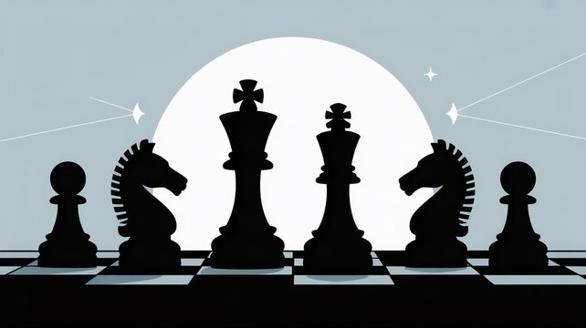 Chess pieces on chessboard with moon in background for strategy concept
