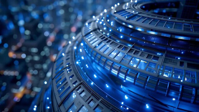 Futuristic circle seashell structure with glowing blue digital light