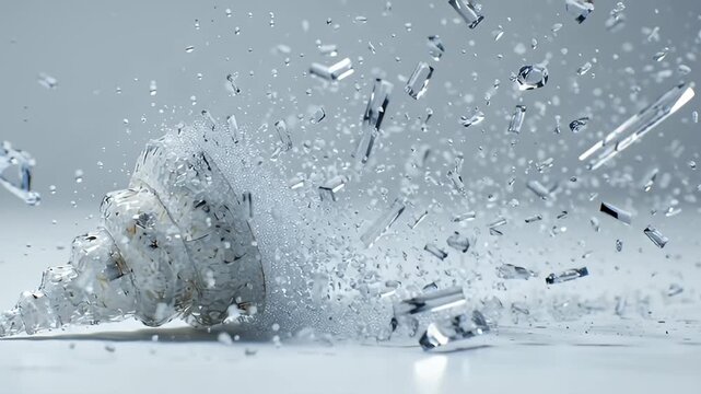 Glass circle seashell shatters into sharp sharp pieces abstract motion