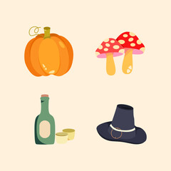 Holiday Thanksgiving artwork including pumpkin, red mushroom, wine bottle, and hat suitable for design and media use