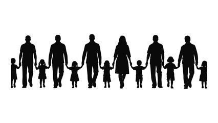 Diverse family silhouettes holding hands isolated on white background, Vector
