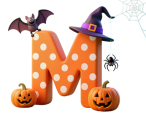 Playful Halloween letter M with pumpkins and spooky decorations