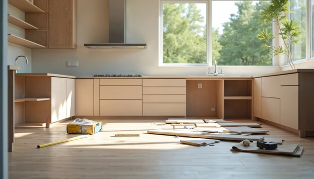 Kitchen renovation in home. New cabinetry installation project with parts, tools. Wooden floor. Modern kitchen design. View of window, green trees. Improvement, repairs. Home improvement project.