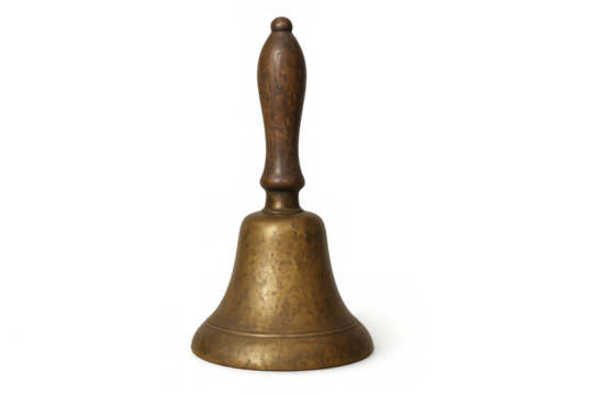 Vintage brass handbell with wooden handle, an antique artifact producing sound for service, school or event calls, transparent background