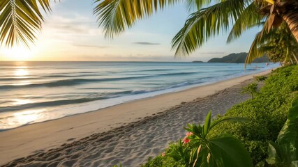 Framed by palm fronds, a serene tropical beach with calm ocean waves and vibrant hibiscus flowers in the foreground - Powered by Adobe