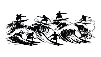 Surfing silhouettes on waves isolated on white background, Vector