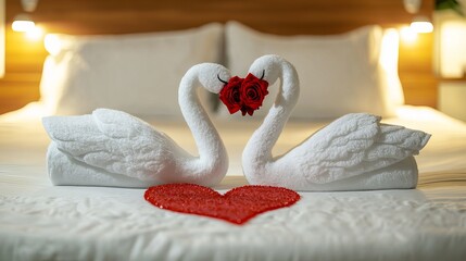 Romantic towel swans with red rose heart on elegant honeymoon bed decor