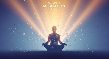 World Meditation Day – Silhouette Meditating with Spiritual Light and Calm Energy Background Series - Mindfulness Meditation with Radiant Spiritual Light