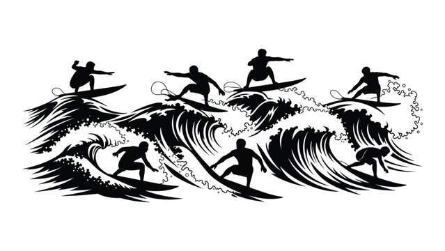 Surfing silhouettes on waves isolated on white background, Vector