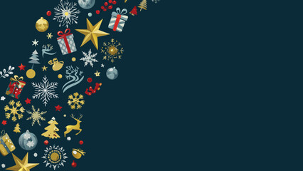 Festive christmas decorations including snowflakes, gifts, stars, and ornaments on a dark teal background