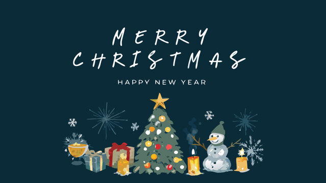 Illustration of merry christmas and happy new year with christmas tree, snowman, gifts and candles design