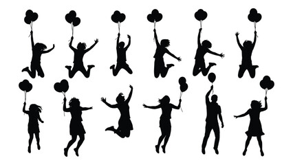 Joyful jumping people with balloons silhouettes isolated on white background, Vector