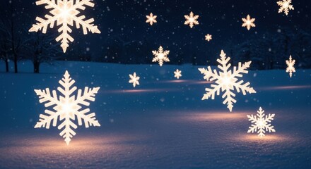 Dreamy winter scene with glowing snowflakes on snowy field, perfect for holiday greetings or magical Christmas promotions, evokes warmth and wonder