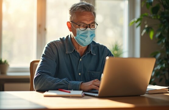 Man in face mask works on laptop at home office. Mature employee types on computer keyboard. Pro man studies, checks email, plans work. Person stays home, prevents disease.