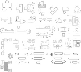 A comprehensive vector set of top-view office furniture and meeting room layouts, ideal for architectural floor plans and interior design blueprints.
