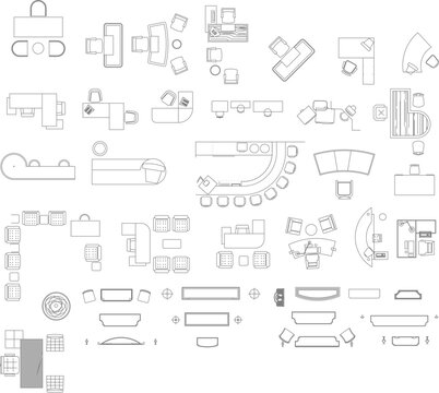 A comprehensive vector set of top-view office furniture and meeting room layouts, ideal for architectural floor plans and interior design blueprints.