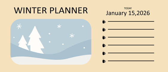 Aesthetic Winter Planner Template Design: Printable Daily To-Do List with Cozy Snowy Landscape & Evergreen Trees for January 2026
