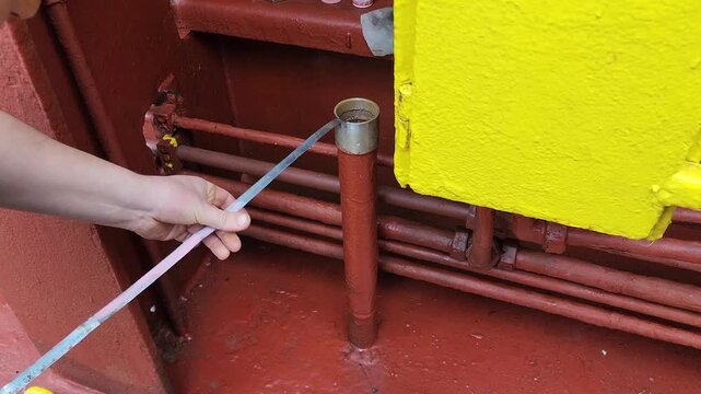 Applying of color-indicating paste on sounding tape during measurement of diesel oil tank on board of cargo vessel