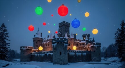Enchanting winter castle illuminated by colorful festive lights under a starry sky, perfect for holiday magic and fairytale dreams this Christmas season