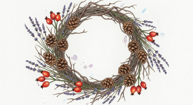 Elegant watercolor wreath with lavender, pine cones, and rosehips creates a charming rustic frame for invitations and designs, inviting cozy autumn vibes