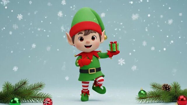 Cute 3D Christmas elf dancing and greeting with gift box 