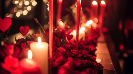 Romantic valentine's day wedding night decoration with candles, roses, and elegant table setting