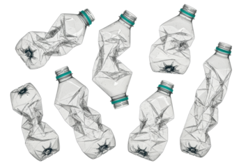 six crumpled pet plastic bottles with bright turquoise caps dynamically suspended against a white void, macro focus emphasizing creases and shadows. concept of plastic pollution and recycling urgency